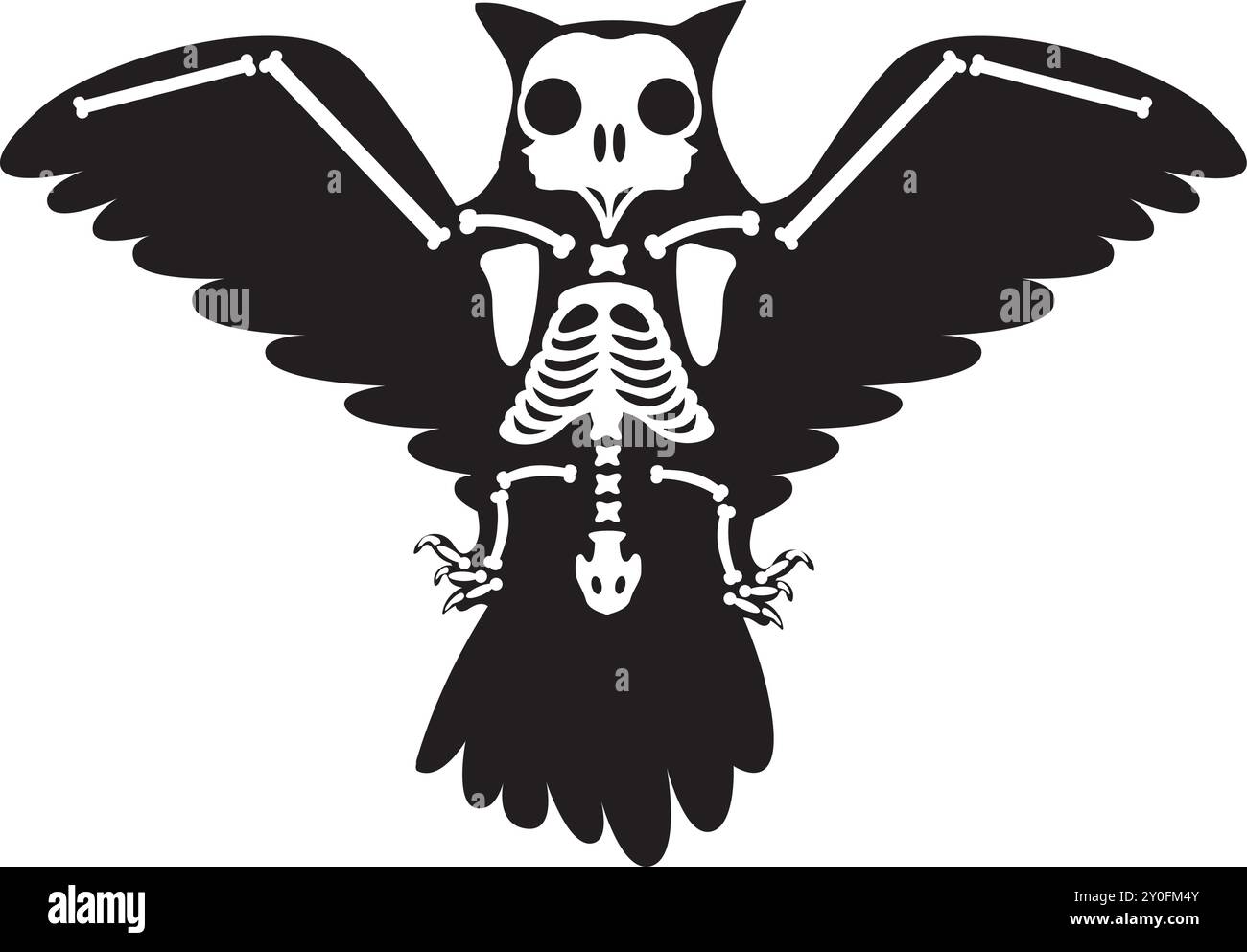 Silhouette Halloween hibou volant aigle avec os squelette Roentgen, personnage effrayant de conte de fées. Contour d'ombre effrayant de hibou d'aigle volant. Blac simple Illustration de Vecteur