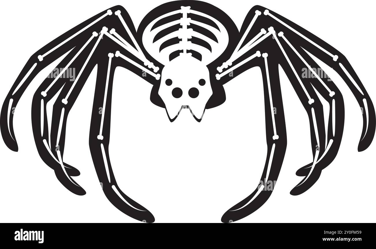 Silhouette Halloween énorme araignée avec os squelette Roentgen, personnage effrayant de conte de fées. Contour d'ombre effrayant d'une énorme araignée. Simple noir et blanc Illustration de Vecteur