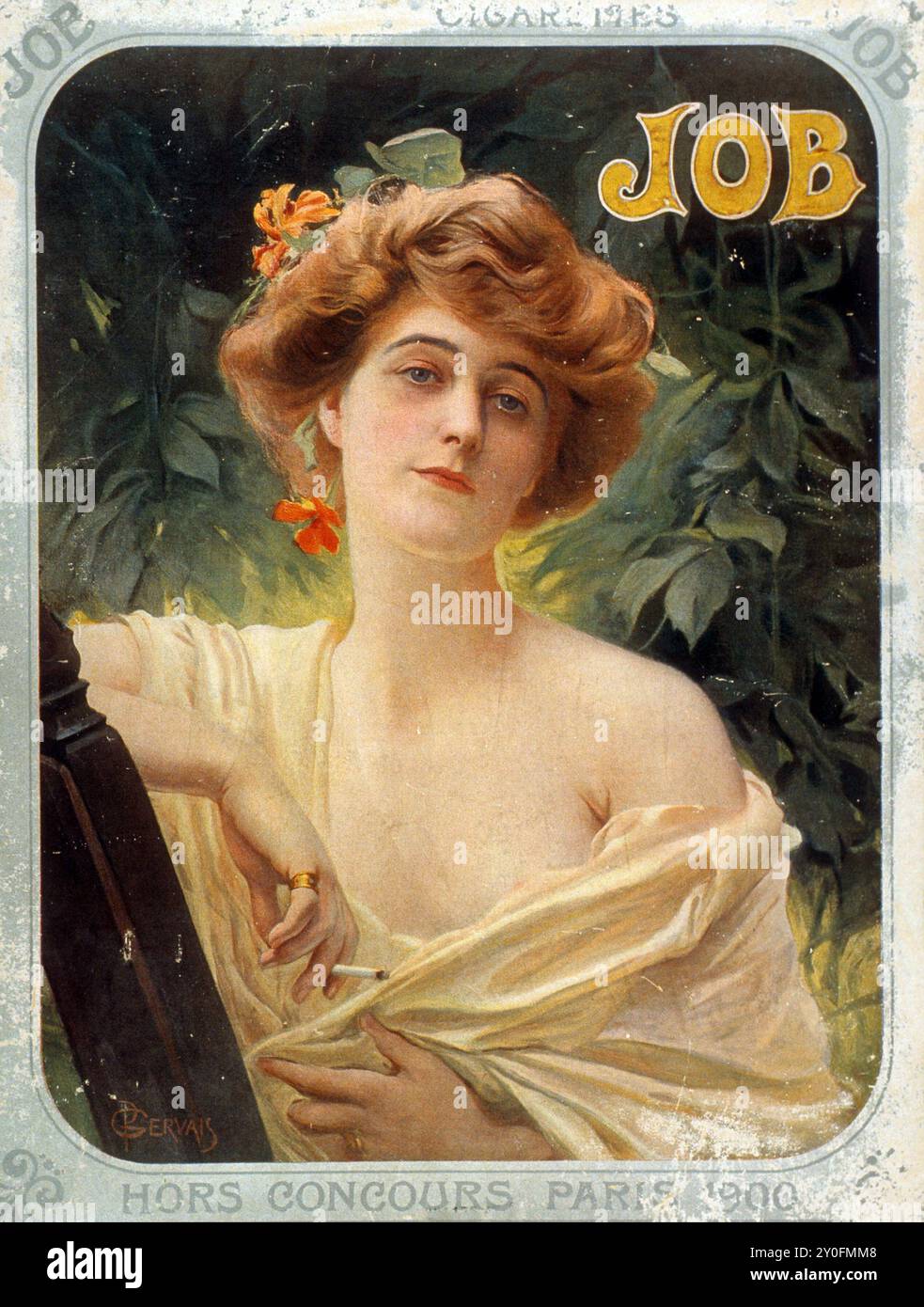 Ancienne publicité - emploi, papier à cigarettes, Paris, 1900 - Poster art de Paul Gervais feat a Smoking woman Banque D'Images