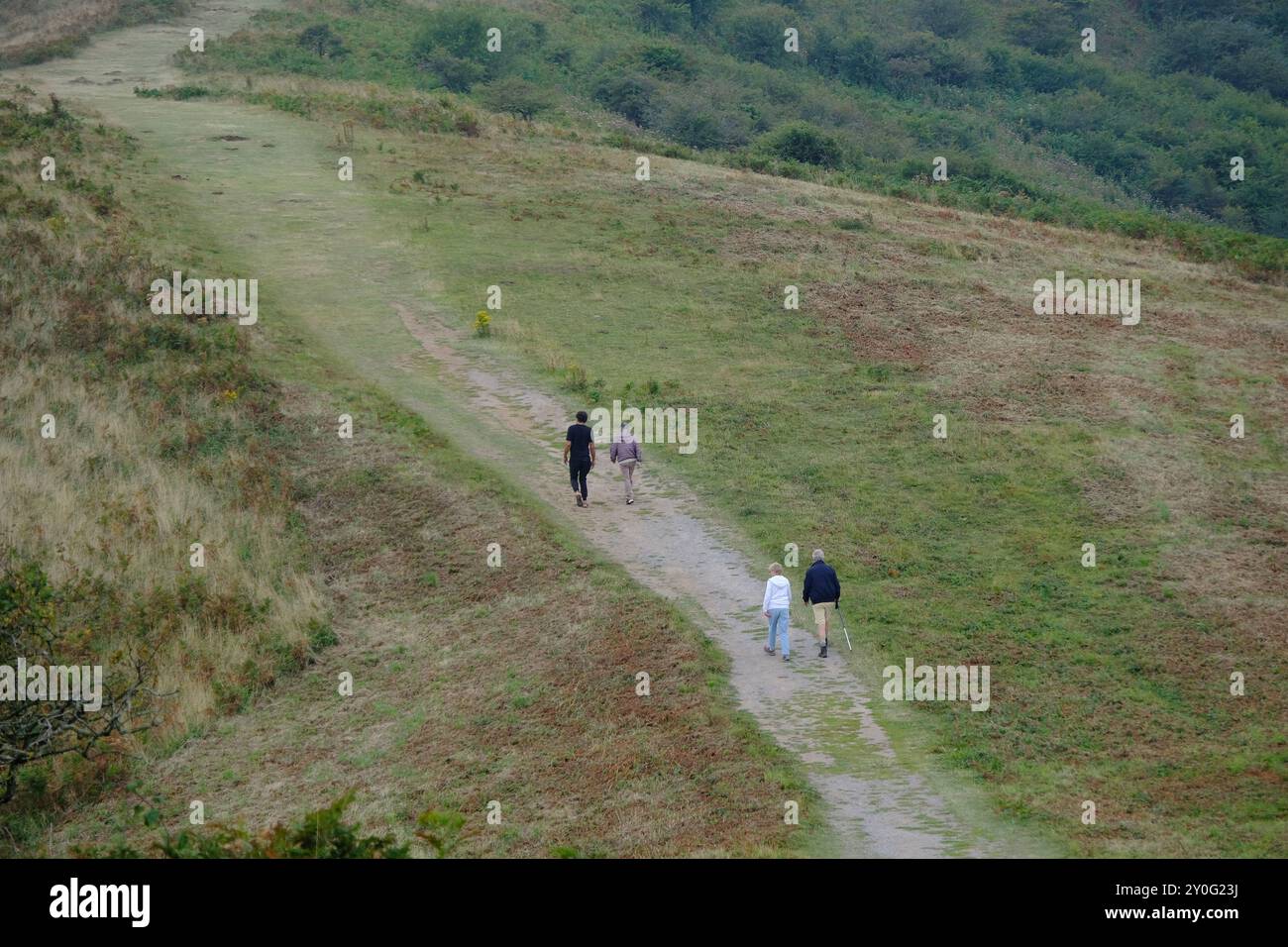 Quatre personnes marchant dans la campagne par paires. Banque D'Images