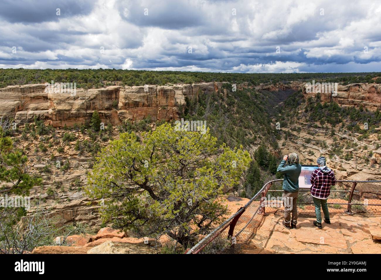 Deux touristes à vue sur le canyon rocheux couvert de végétation verte sous un ciel printanier spectaculaire Banque D'Images