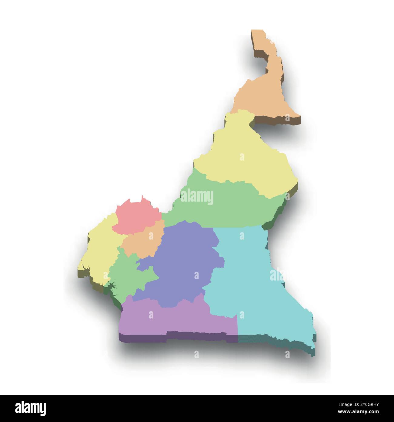 Carte colorée isométrique 3d du Cameroun avec frontières de régions Illustration de Vecteur