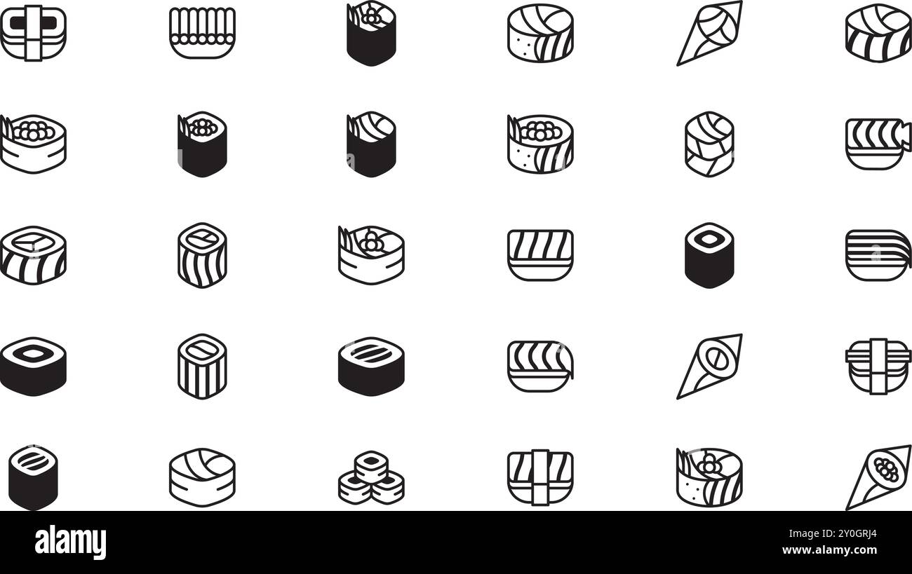 Types d'icônes de sushi Collection d'icônes vectorielles de haute qualité avec Stroke modifiable. Idéal pour les projets professionnels et créatifs. Illustration de Vecteur