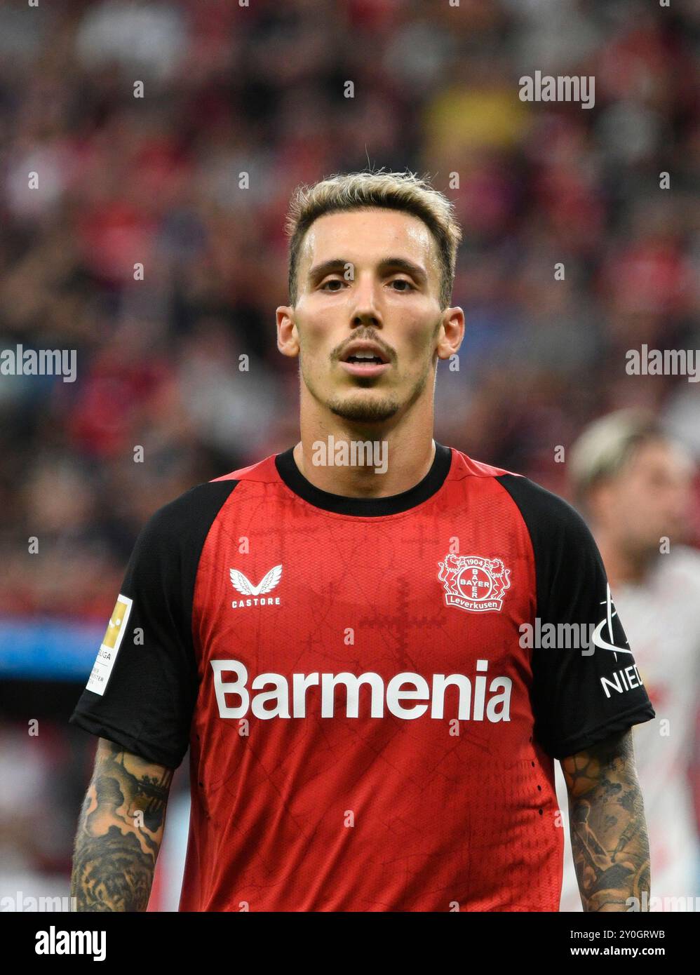 BayArena Leverkusen Allemagne, 31.8,2024, Football : Bundesliga saison 2024/25 match jour 2, Bayer 04 Leverkusen (B04) vs Rasenballsport Leipzig (RBL) - Alejandro Grimaldo (B04) Banque D'Images