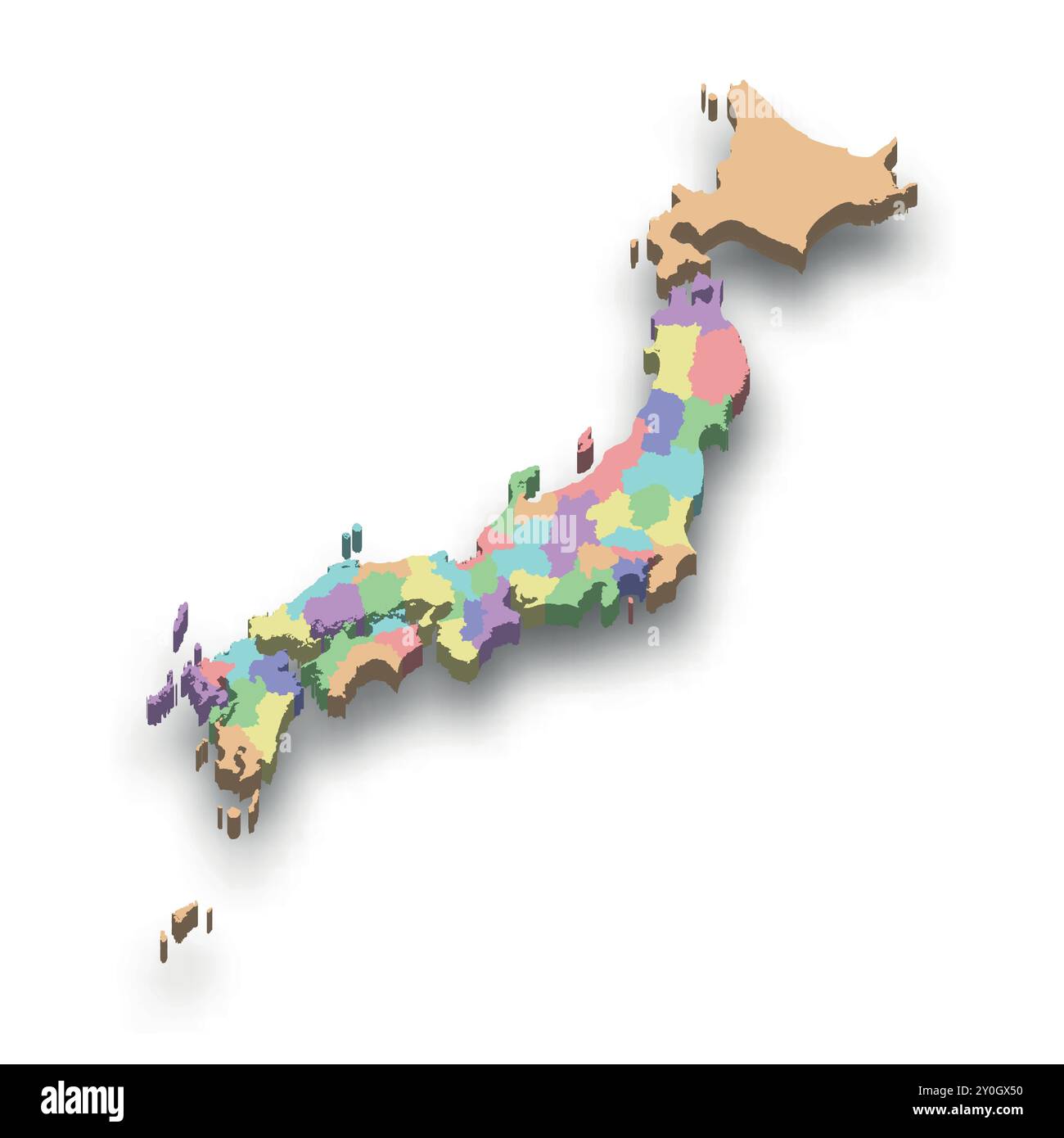 Carte colorée isométrique 3d du Japon avec les frontières des préfectures Illustration de Vecteur