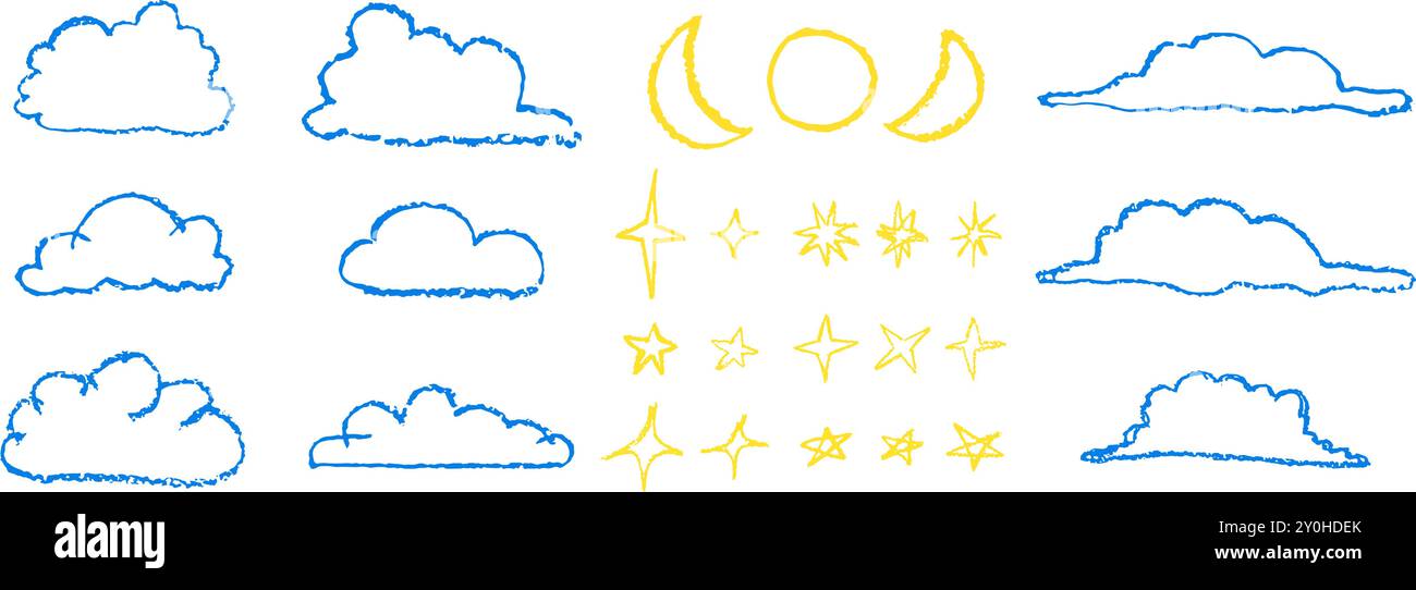 Set de main dessiné par crayon de cire nuages étoiles et lune. Collection d'écriture par les enfants contour pastel éléments de ciel nocturne. Nuages bleus et moelleux Illustration de Vecteur