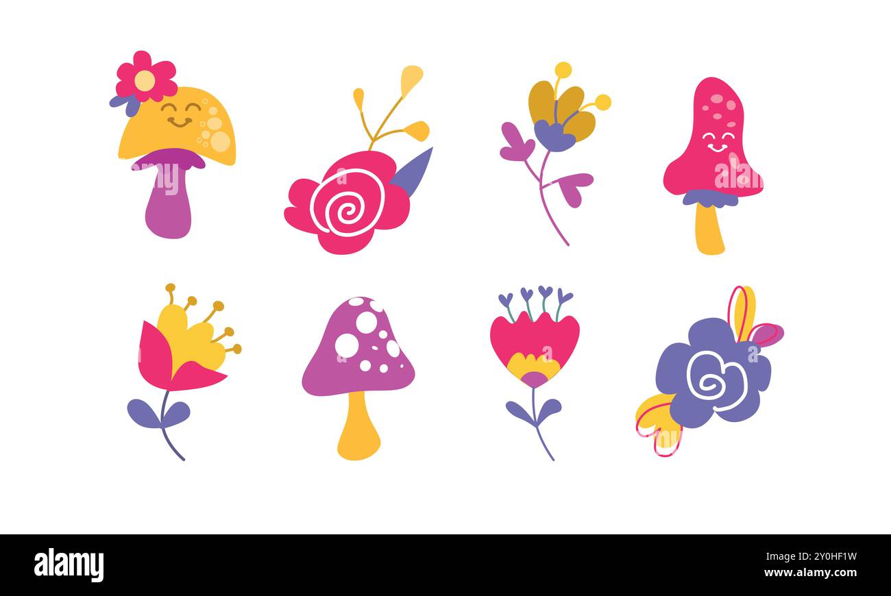 Ensemble vectoriel de différents champignons et fleurs mignons avec des visages souriants. Fabuleuse collection de champignons dans un style plat. Illustration vectorielle pour les enfants isola Illustration de Vecteur