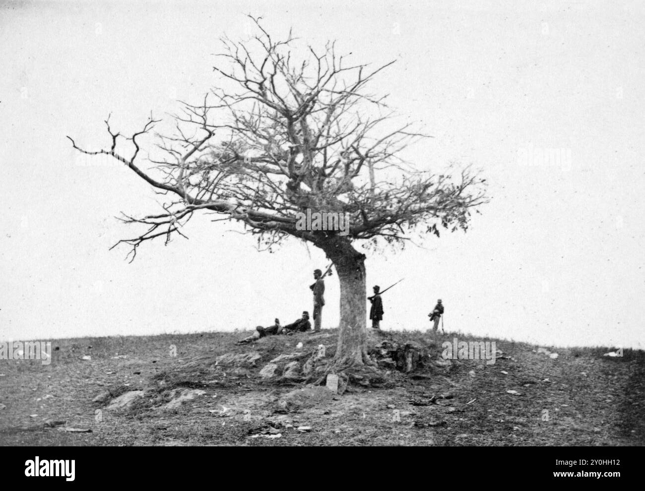 Une tombe solitaire sur le champ de bataille d'Antietam, cinq soldats près d'une seule tombe pour le sergent John Marshall, compagnie l, 28th Pennsylvania Volunteers sous un arbre sur le champ de bataille d'Antietam pendant la guerre de Sécession Banque D'Images