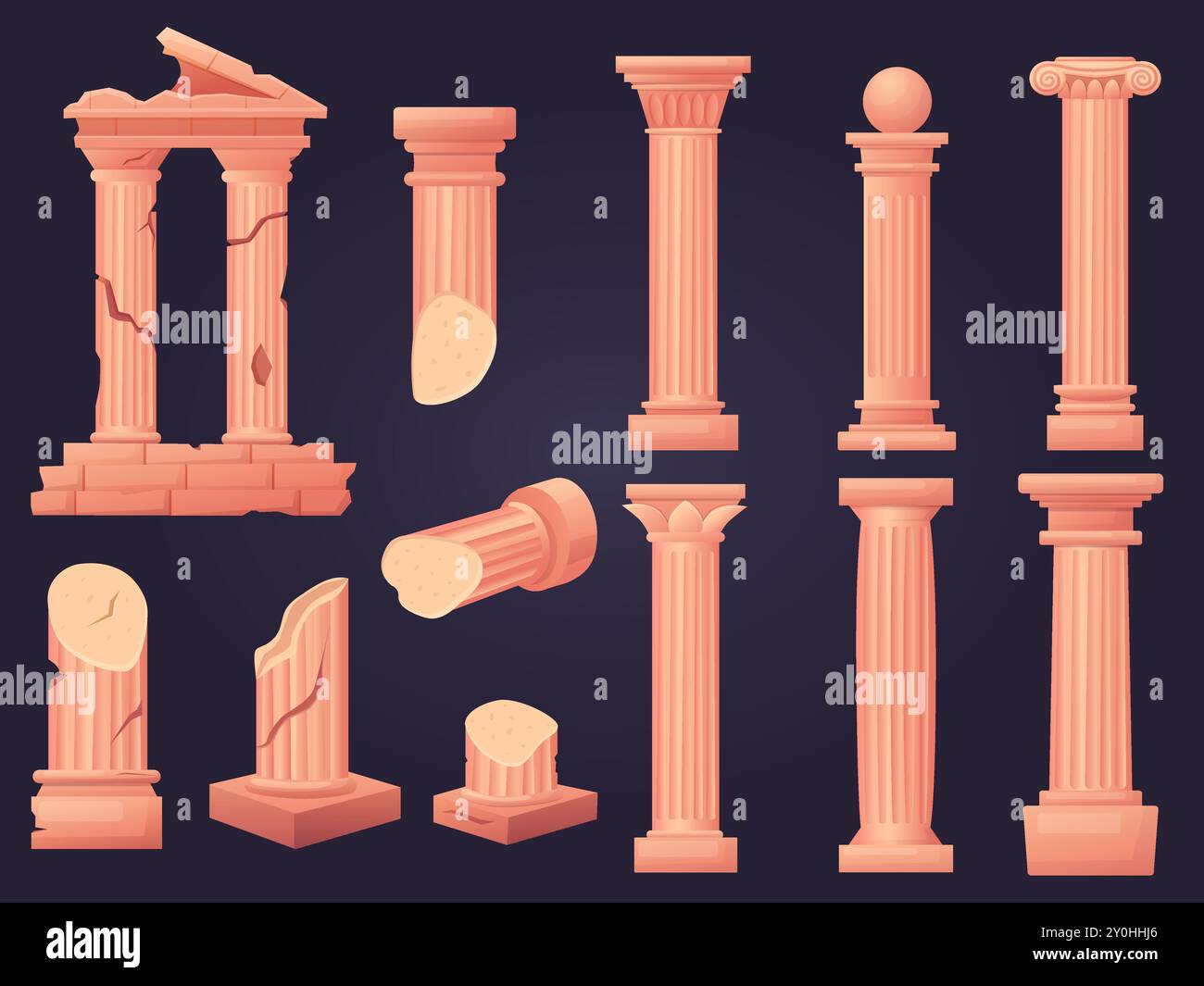 Ruines anciennes de dessins animés. Anciennes colonnes, piliers et éléments de colonnade. Colonne de style grec ou romain. Architecture extérieure du temple de nos jours objets vectoriels Illustration de Vecteur