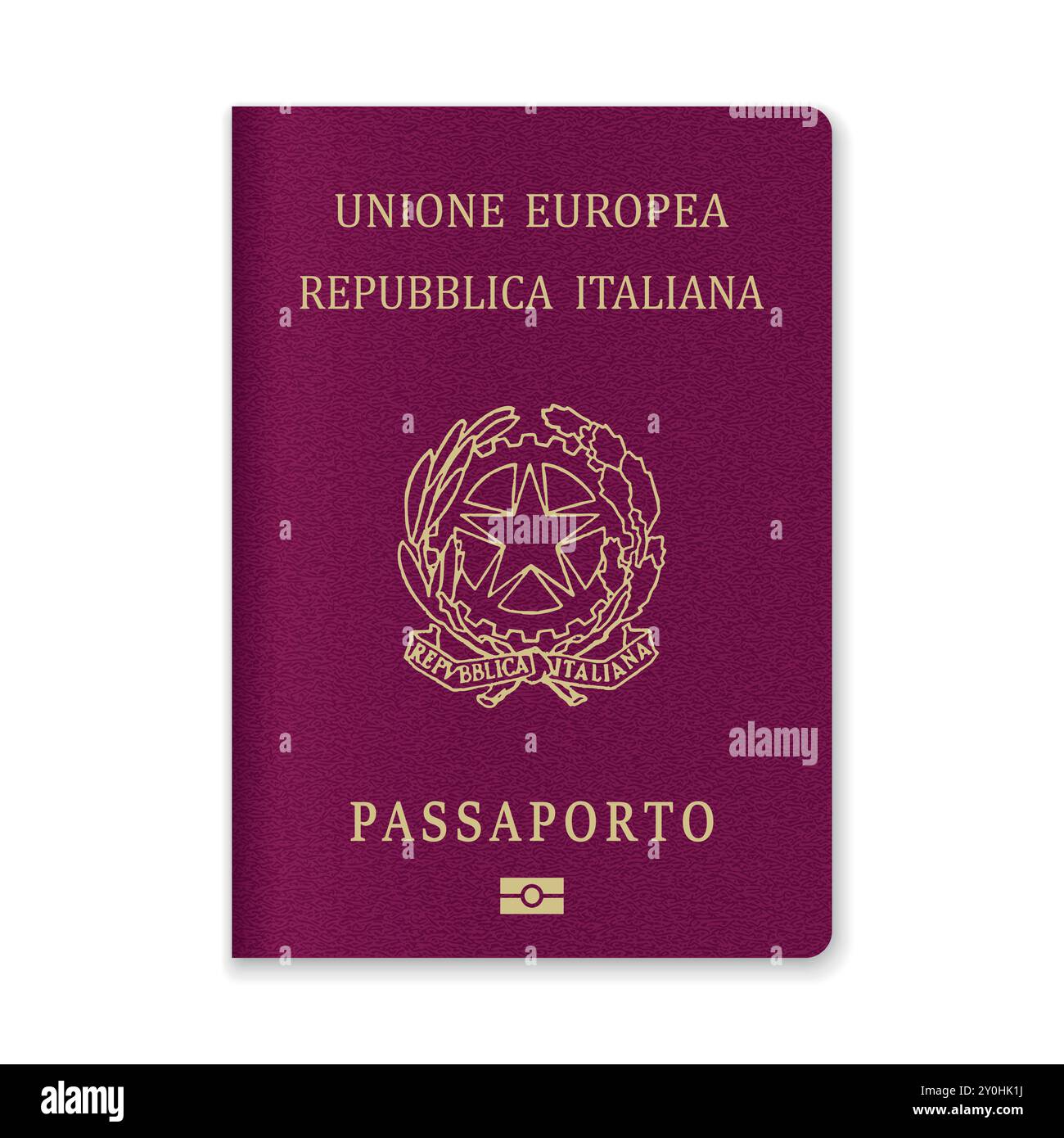 Gros plan d'une couverture de passeport italien avec texte doré et emblème sur fond marron. Illustration de Vecteur