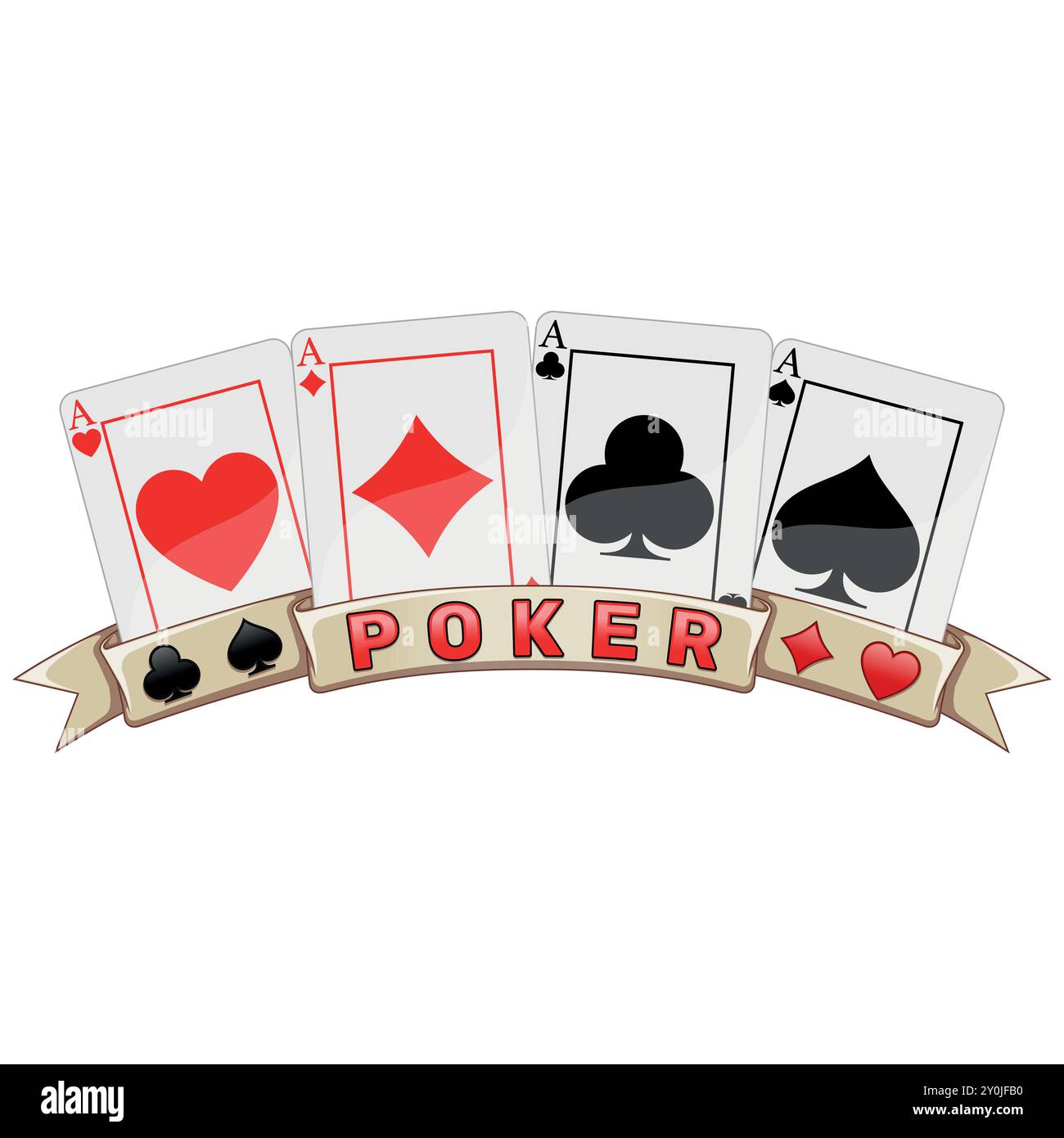 conception vectorielle de cartes de poker avec des rubans, des symboles de poker de coeur, diamant, trèfle et as Illustration de Vecteur
