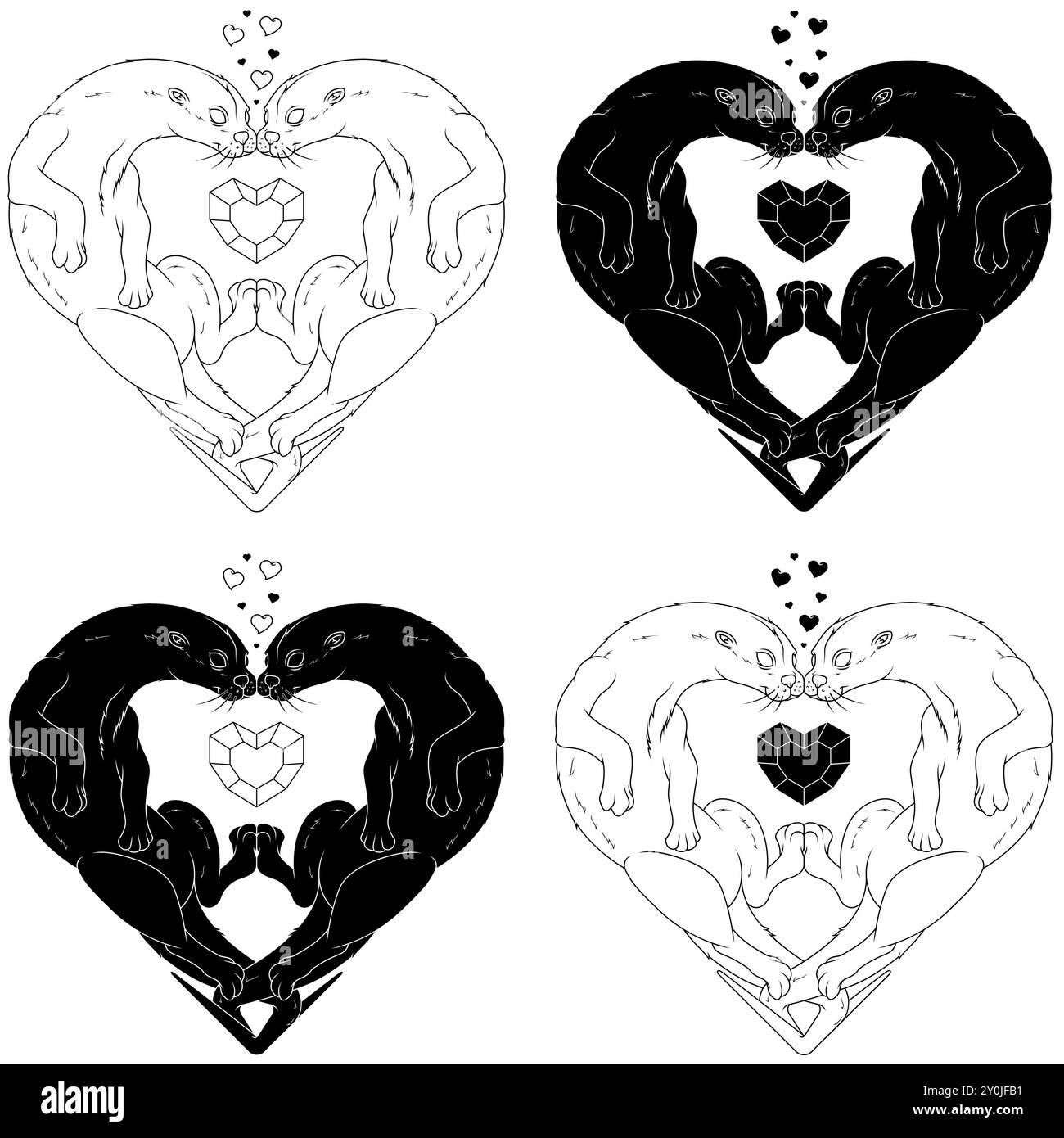 Conception vectorielle de couple de loutres en forme de cœur, symbole de la Saint-Valentin avec des animaux, amour de la nature avec un mammifère marin Illustration de Vecteur