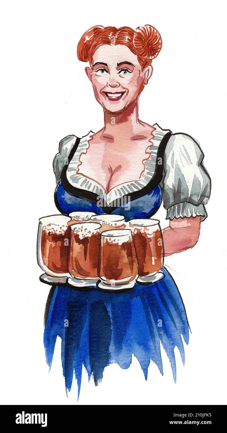 Belle serveuse allemande avec des tasses à bière. Illustration à l'encre dessinée à la main et à l'aquarelle Banque D'Images