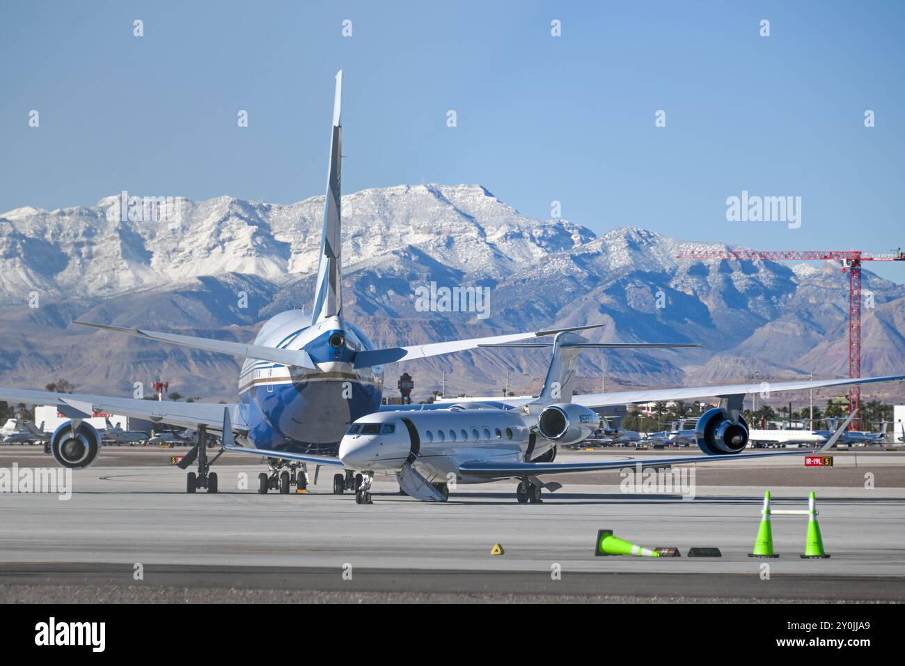 Un Gulfstream G650 immatriculé N628TS, appartenant à Falcon Landing LLC et fréquemment piloté par Elon Musk à l'aéroport de Las Vegas avant le Super Bowl LVI Banque D'Images