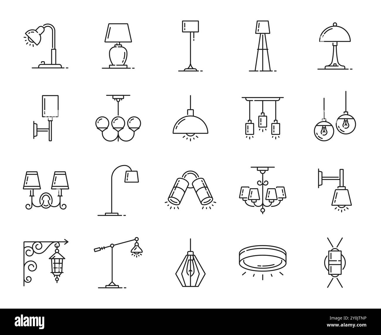 Icônes de ligne de lampe, lanterne et lustre, bougie et projecteur, halogène et lampe de poche, éclairage intérieur vectoriel. Lampes de maison et ampoules de lustre de plafond ou de table et applique murale Illustration de Vecteur