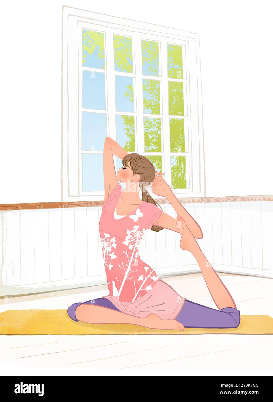 Femme avec une queue de cheval faisant du yoga dans une pose de pigeon Banque D'Images Femme avec une queue de cheval faisant du yoga dans une pose de pigeon Banque D'Images