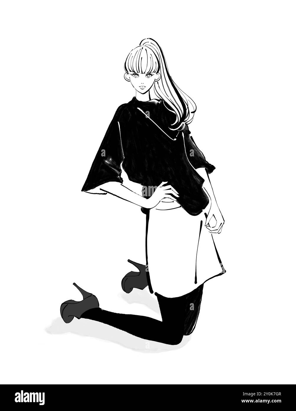 Femmes avec une queue de cheval debout sur ses genoux sur le sol avec ses mains sur ses hanches Banque D'Images