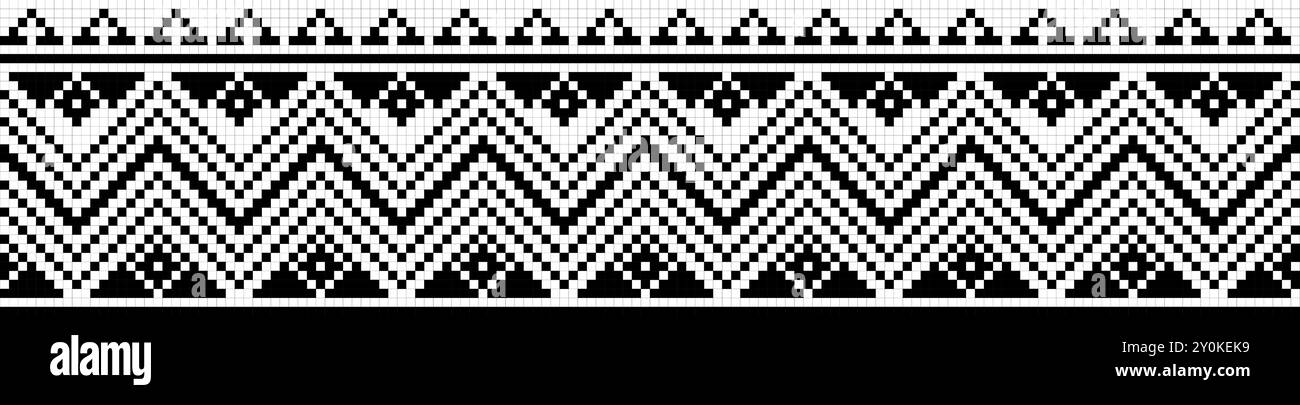 Broderie traditionnelle au point de croix, ornement de style géométrique, motif sans couture. Pixel art décoratif texture ethnique, couleurs noir et blanc. Illustration de Vecteur