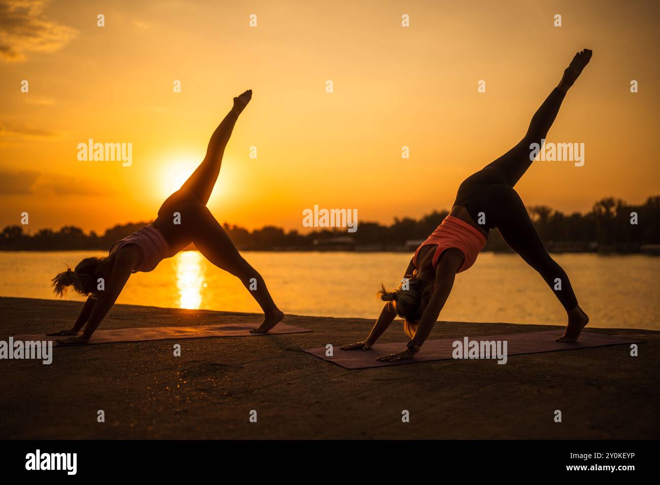 Deux femmes pratiquant le yoga au coucher du soleil. Eka Pada Adho Mukha Svanasana/posture du chien à une jambe face vers le bas Banque D'Images