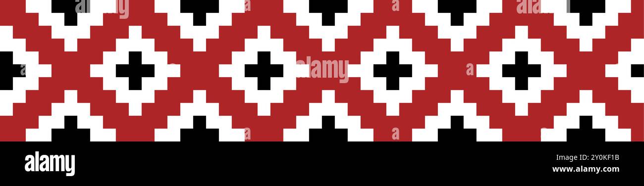 Motif sans couture d'ornement traditionnel, broderie de point de croix de style géométrique, texture ethnique décorative. Motif décoratif Pixel art, noir, rouge an Illustration de Vecteur
