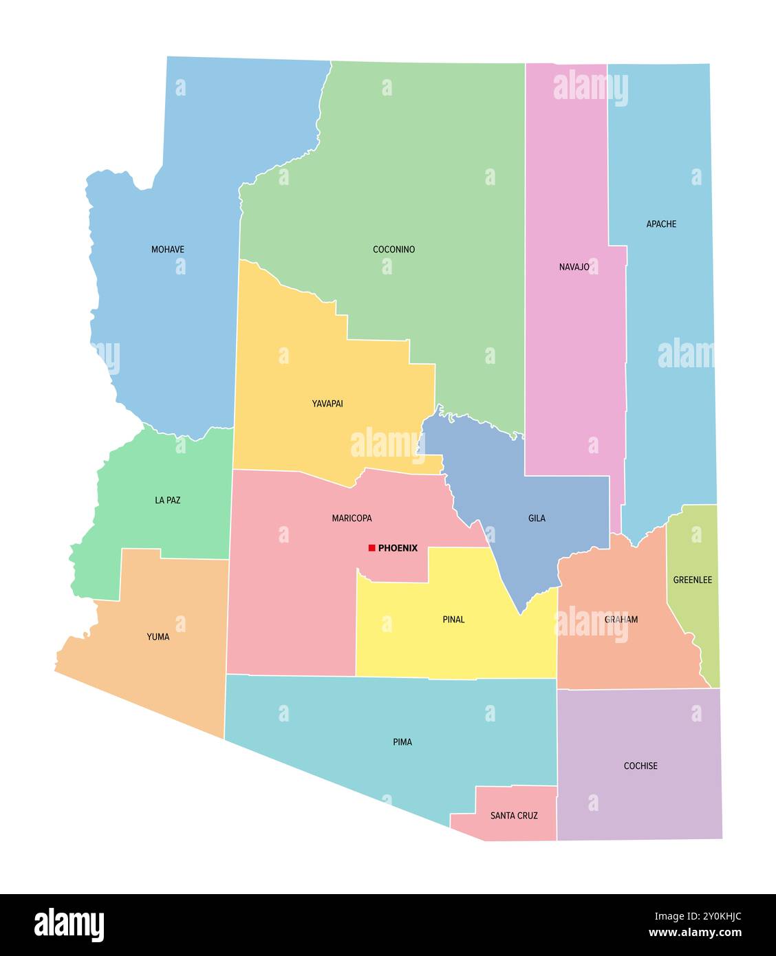 Arizona, état américain, subdivisé en 15 comtés, carte politique multicolore avec Phoenix capitale, frontières et noms de comté. Banque D'Images