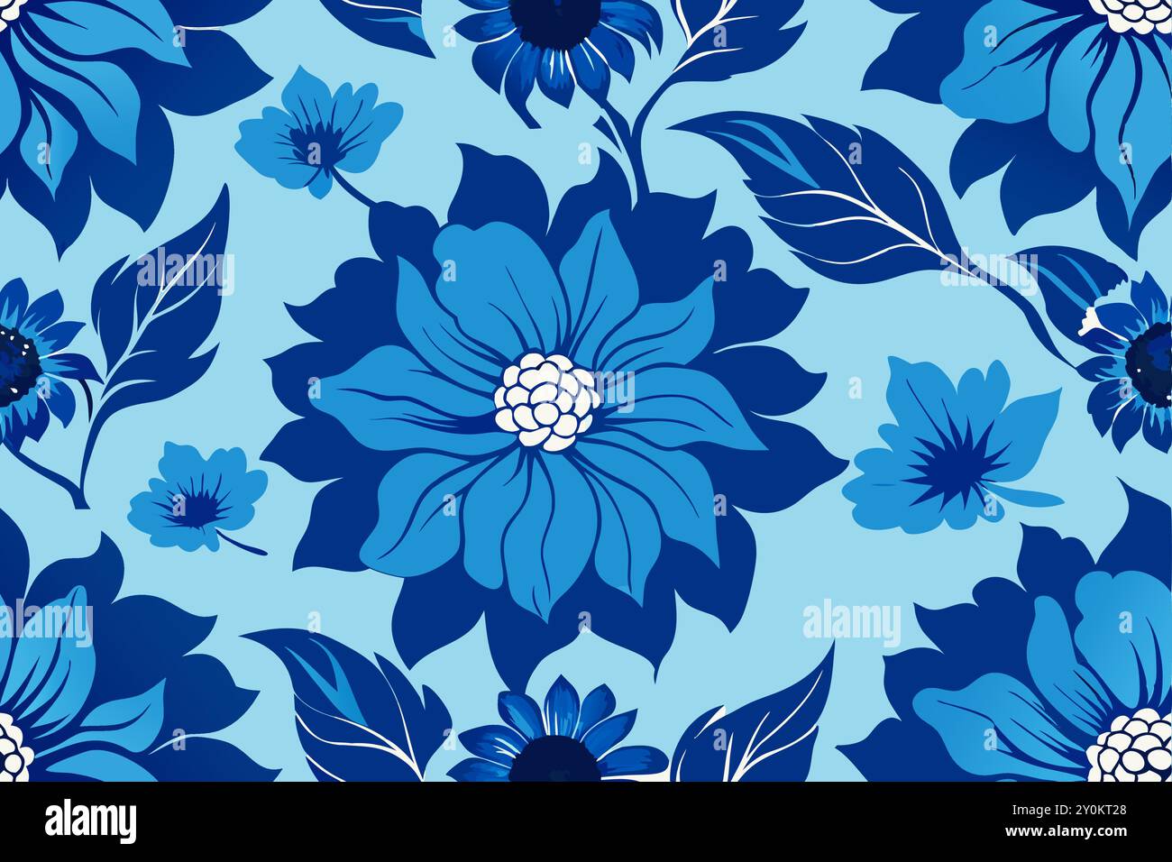 Fleur bleue vibrante et feuilles vertes dans la conception de tissu textile de motif abstrait en relief pour l'illustration d'impression numérique. Illustration de Vecteur