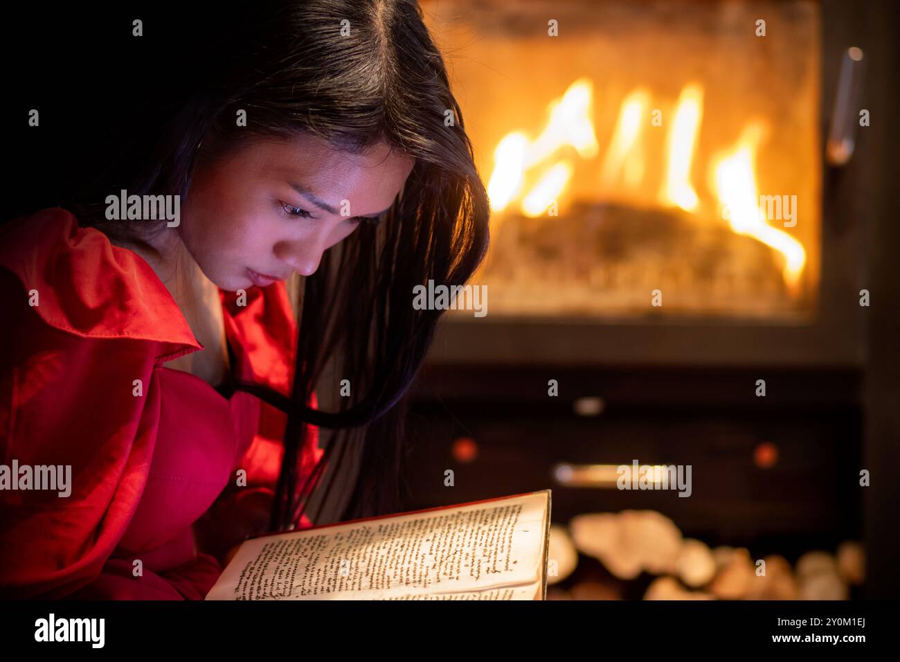 Une femme en robe rouge lit un livre devant le poêle Banque D'Images