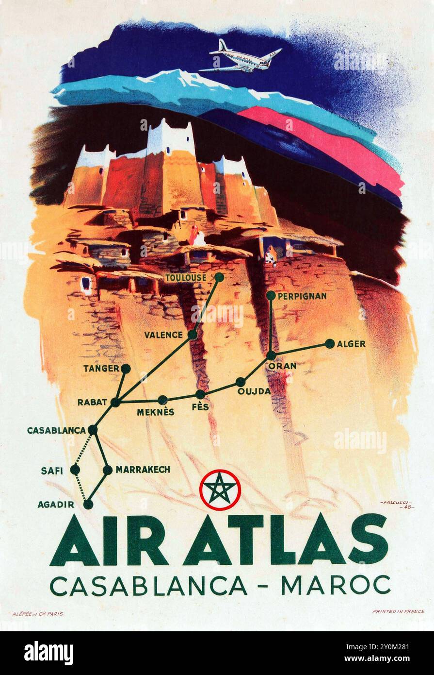 Robert Falcucci - Poster Vintage Air Atlas, affiche de voyage - carte au-dessus de Casablanca Maroc Maroc 1948 - couleur corrigée Banque D'Images