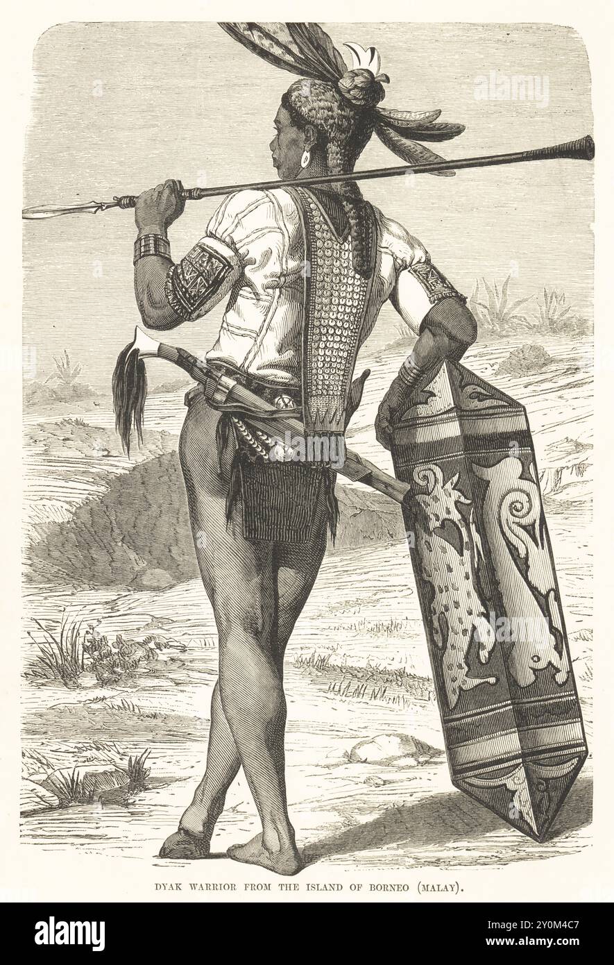 Guerrier Dayak avec lance, Kliau ou Klebit Bok (bouclier hexagonal), et Parang (machette). Il porte une coiffe en plumes, une chemise en perles et un pagne. Guerrier Dyak de l'île de Bornéo (malais). D'après une illustration de Gustave Boulanger tirée de voyages d'Ida Laura Pfeiffer.. Gravure sur bois de Robert Brown les races de l’humanité, Cassell, Petter et Galpin, Londres, 1873. Banque D'Images