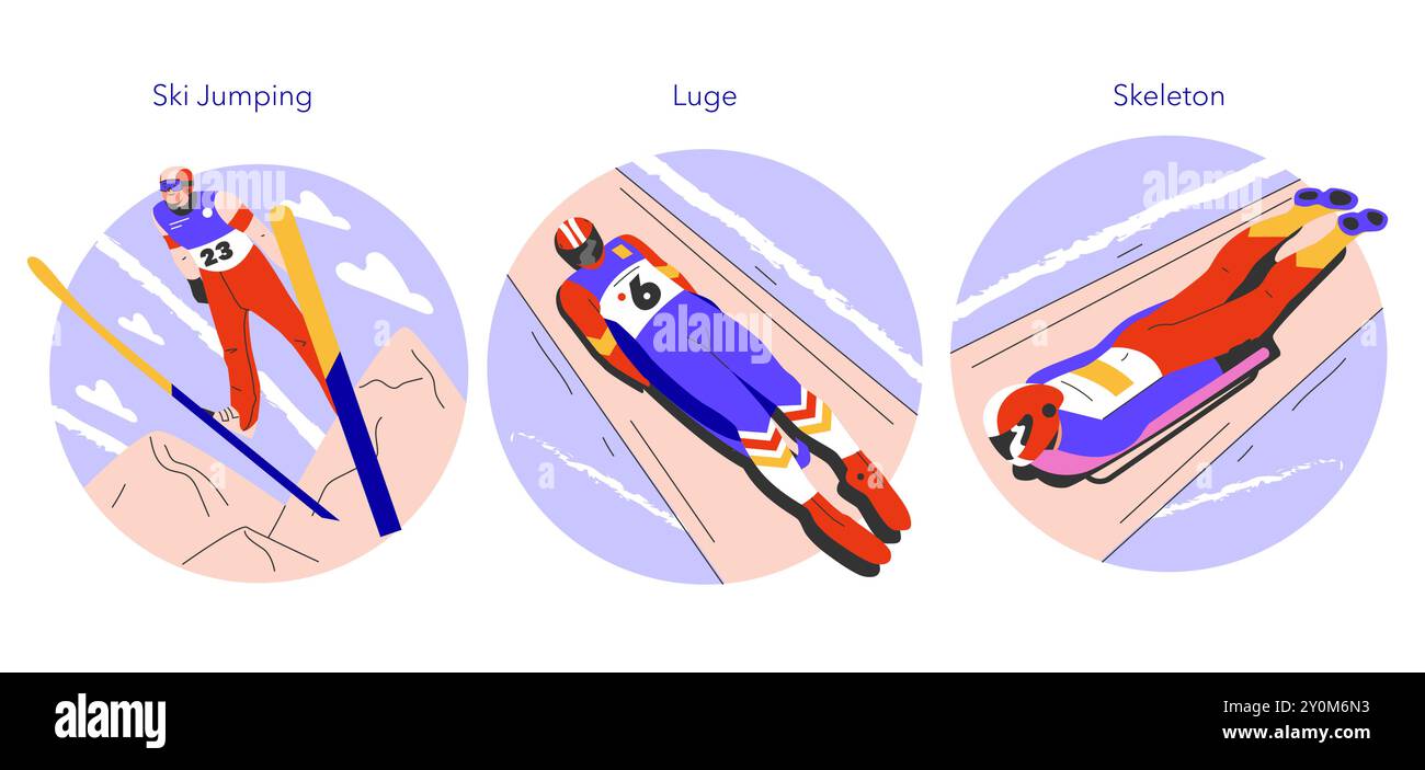 Ensemble de sports d'hiver. Athlètes participant à des épreuves de saut à ski, de luge et de skeleton. Représentation dynamique de la vitesse et de la précision sur neige. Illustration vectorielle. Illustration de Vecteur