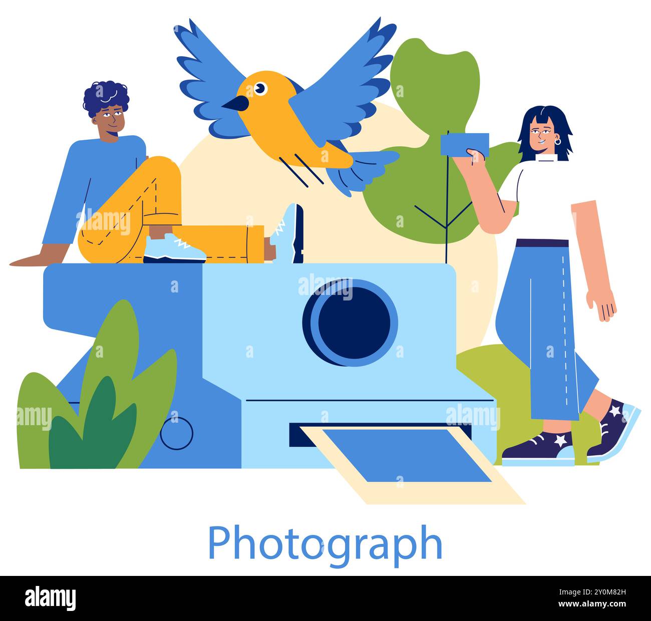 Concept d'observation des oiseaux. Les passionnés avec appareil photo capturent la beauté d'un oiseau volant dans la nature. Profiter de la faune et de la photographie. Illustration vectorielle. Illustration de Vecteur