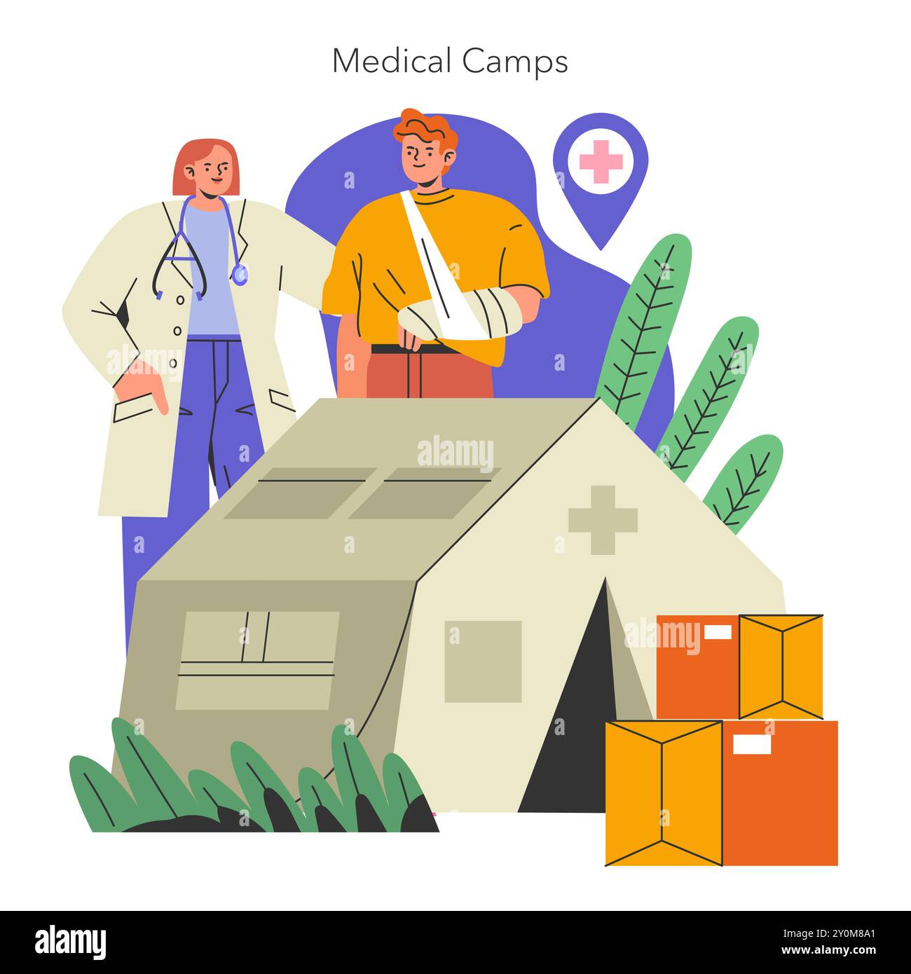 Concept de Journée internationale de la Charité. Illustration d'un médecin avec un patient dans un camp médical, mettant en valeur les services de soutien et de soins de santé. Illustration vectorielle. Illustration de Vecteur