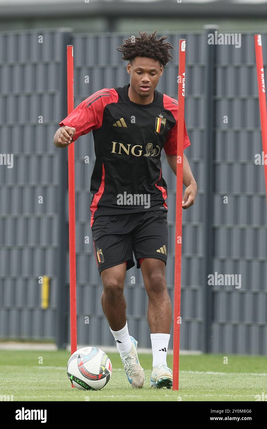 Tubize, Belgique. 03 septembre 2024. Le belge Julien Duranville photographié lors d'une séance d'entraînement de l'équipe nationale belge de football Red Devils, au centre d'entraînement de la Royal Belgian Football Association, à Tubize, mardi 03 septembre 2024. Les Red Devils affrontent Israël vendredi, pour l’UEFA Nations League 2025. BELGA PHOTO BRUNO FAHY crédit : Belga News Agency/Alamy Live News Banque D'Images