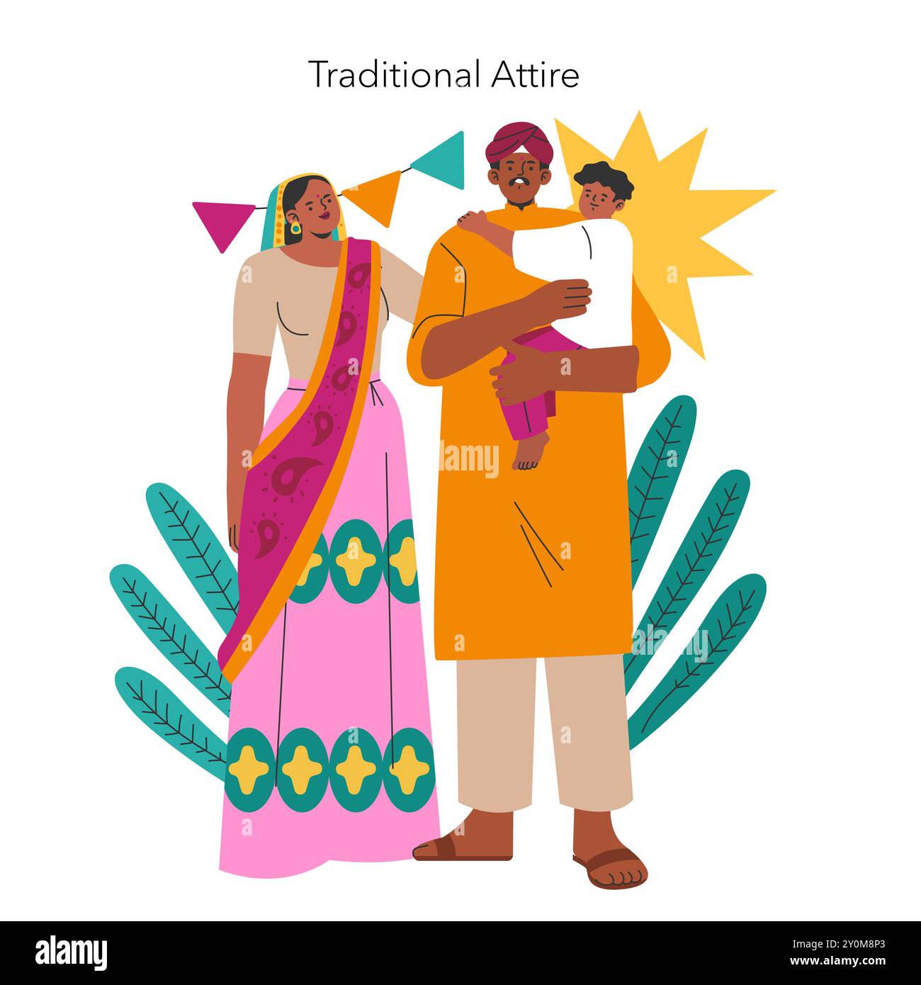 Concept de célébration Navaratri. Famille indienne en tenue traditionnelle avec des décorations festives. Représentation culturelle du festival hindou. Illustration vectorielle. Illustration de Vecteur