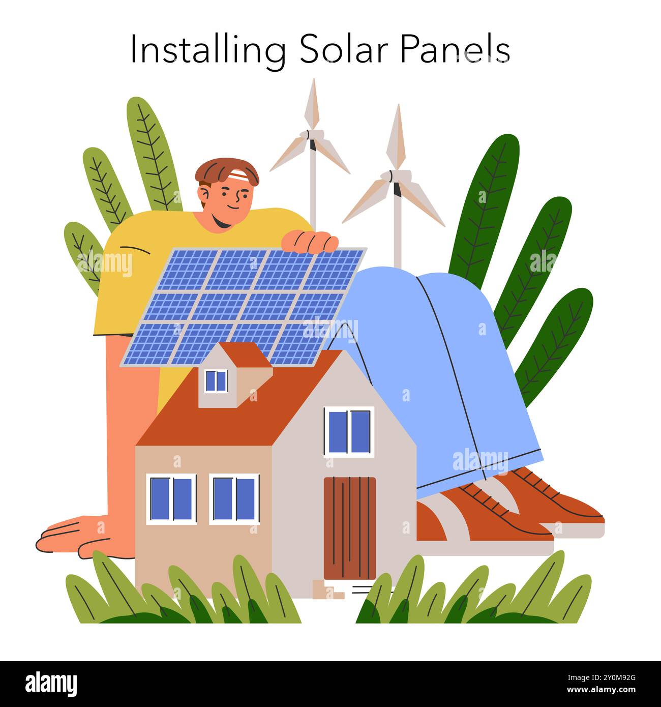 Concept d'énergie renouvelable. Une personne installe des panneaux solaires sur un toit avec des éoliennes en arrière-plan, favorisant un mode de vie durable. Illustration vectorielle. Illustration de Vecteur