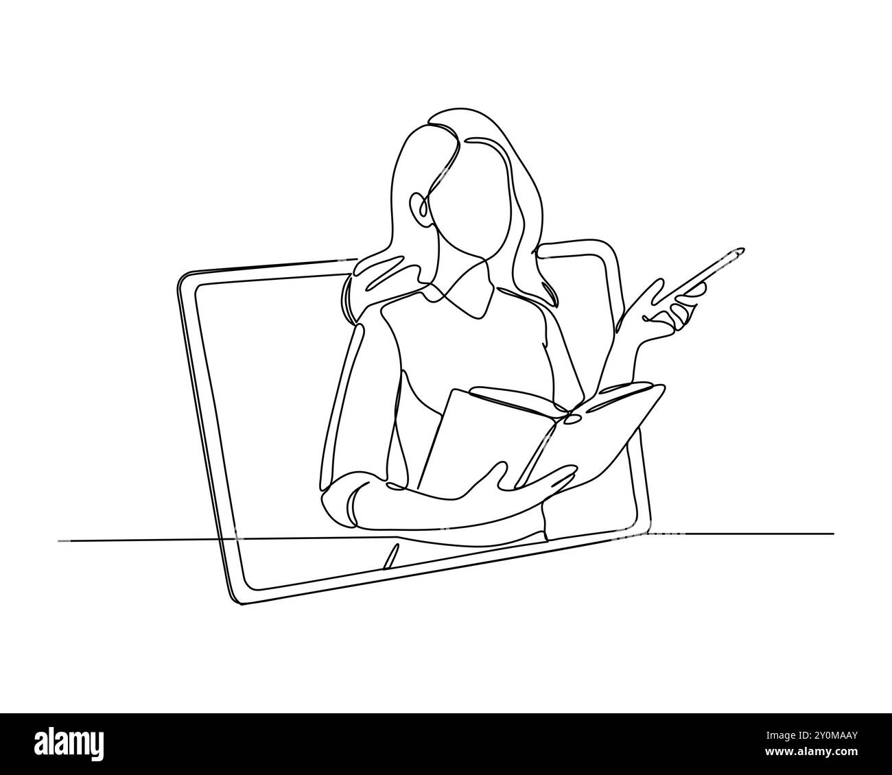dessin au trait continu d'une personne enseignant ou présentant, tenant un livre ouvert et pointant vers le haut avec l'autre, encadré à l'intérieur d'un écran d'ordinateur, Illustration de Vecteur