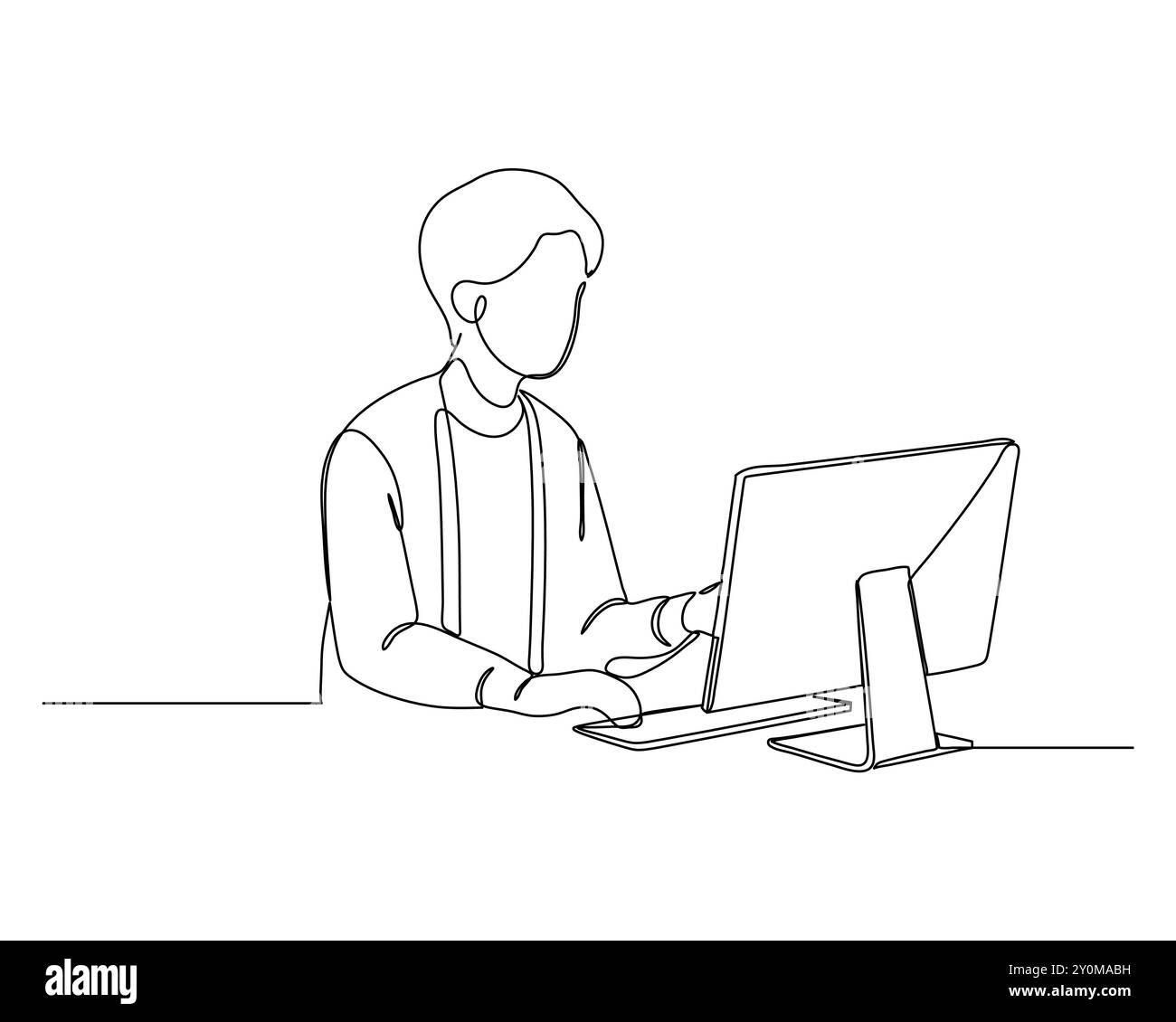 Personne assise à un bureau, utilisant un ordinateur de bureau, se concentrant sur l'écran avec une main sur la souris et l'autre sur le clavier. Technologie Illustration de Vecteur