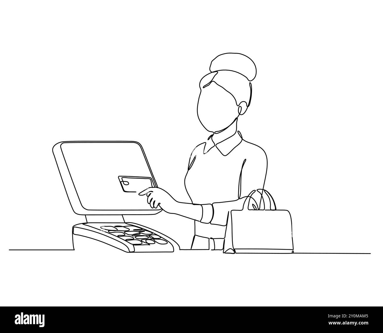 Dessin au trait continu d'une personne debout à un comptoir de caisse, tenant une carte de crédit et interagissant avec un ordinateur portable ouvert sur le comptoir. A purs Illustration de Vecteur