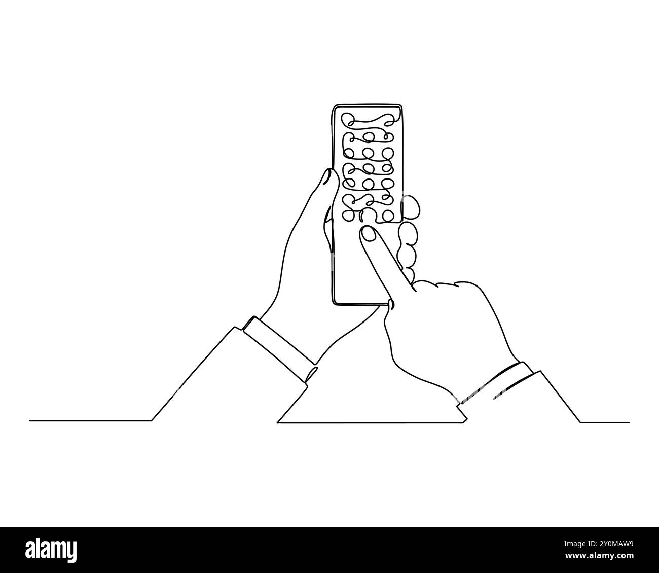 dessin au trait continu de deux mains tenant une télécommande et appuyant sur un bouton. Le style minimaliste capture la simplicité Illustration de Vecteur