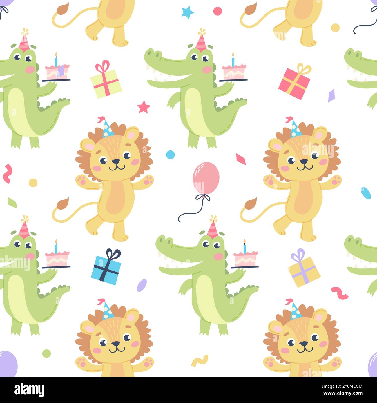 Motif d'anniversaire pour enfants. Mignon crocodile et lion avec chapeau de fête. Modèle d'illustration vectorielle Illustration de Vecteur