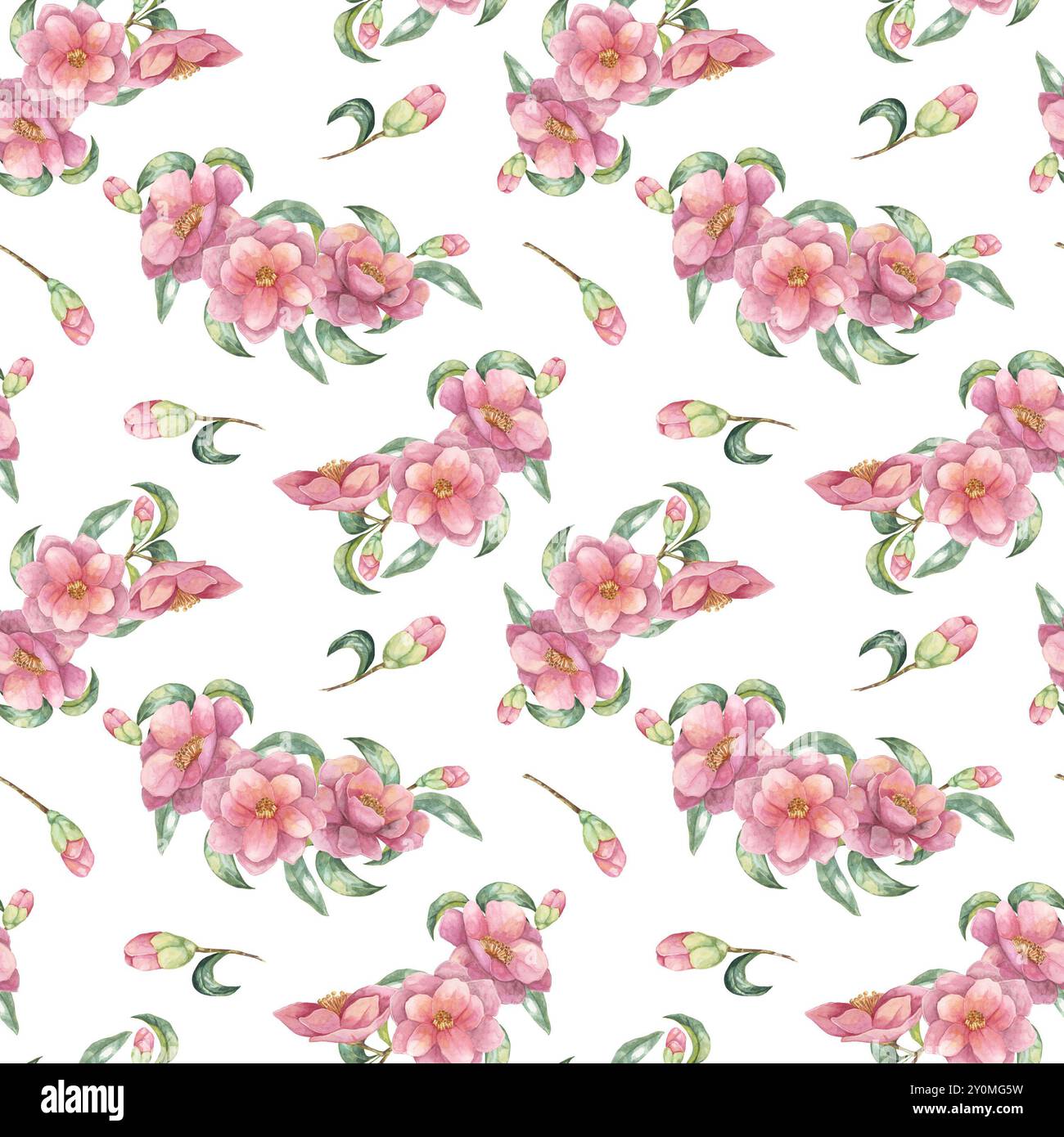Un motif aquarelle sans couture avec des fleurs de camélia roses et des feuilles vertes. Conception de tissu botanique Camellia japonica. Clipart parfait pour créer des textiles élégants, papier peint Banque D'Images