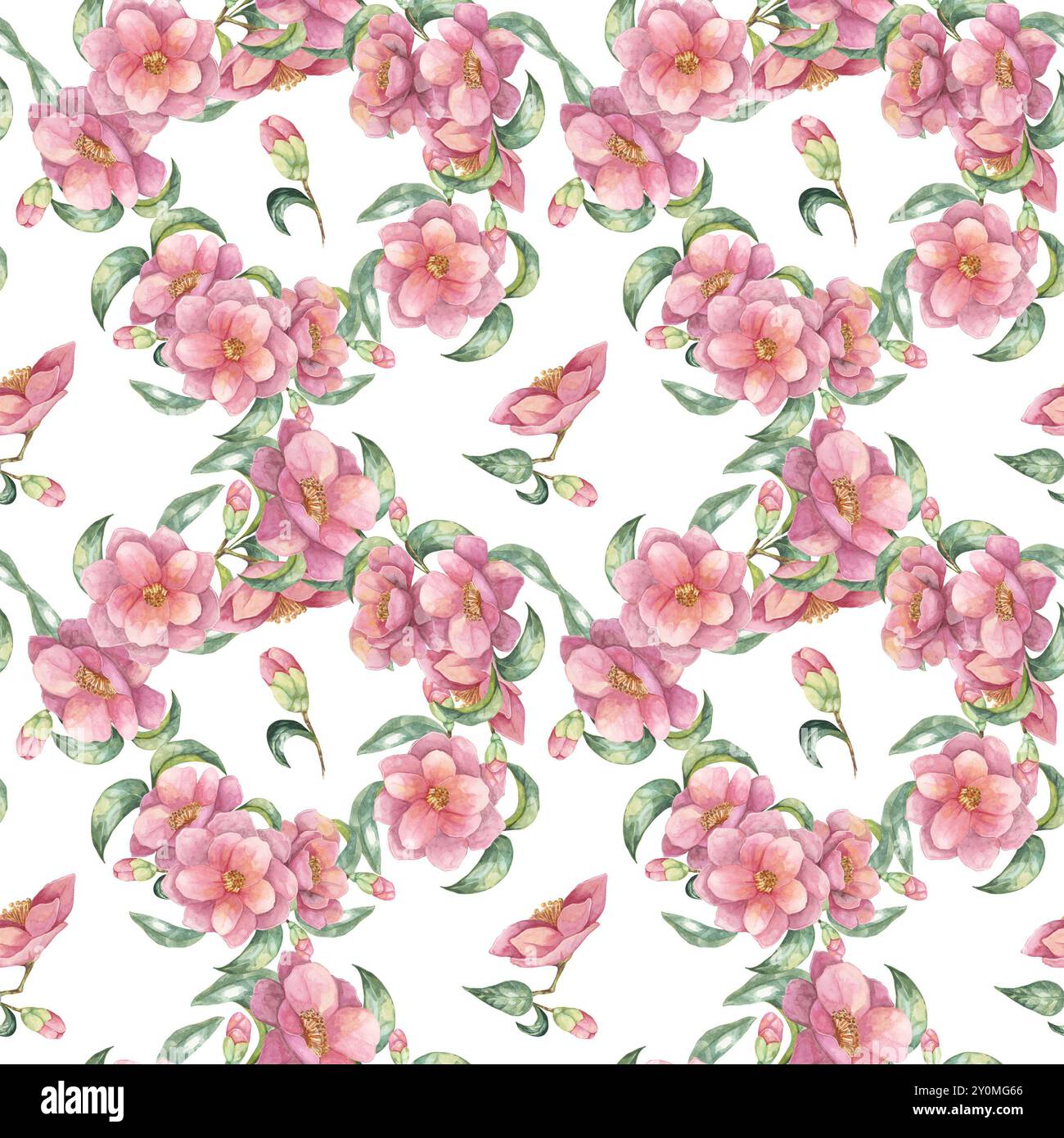 Un motif sans couture de fleurs de camélia roses, de bourgeons et de feuilles vertes, illustré à l'aquarelle. Ce clipart est parfait pour une utilisation dans la conception textile, les cartes de vœux, ou le papier d'emballage Banque D'Images