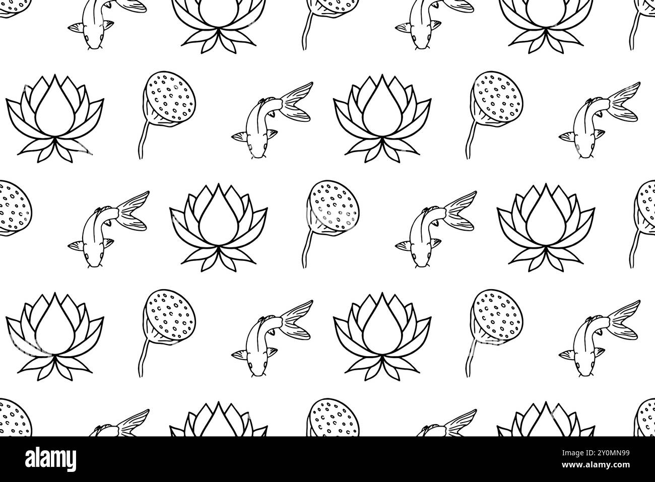 Carpes chinoises koi lotus sans couture illustration vectorielle d'art de ligne de modèle Illustration de Vecteur