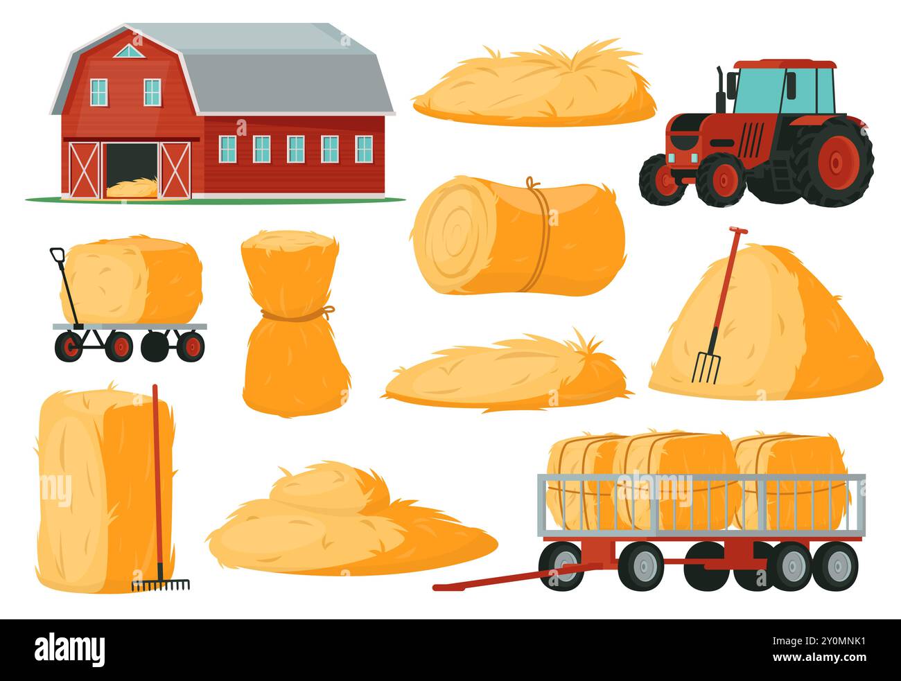 Bottes de foin et outils. Eléments de fenaison de ferme. Machines de récolte et bâtiments. Supports et blocs de foin. Aliments pour bétail. Bottes et piles d'herbe sèche. Ferme Illustration de Vecteur