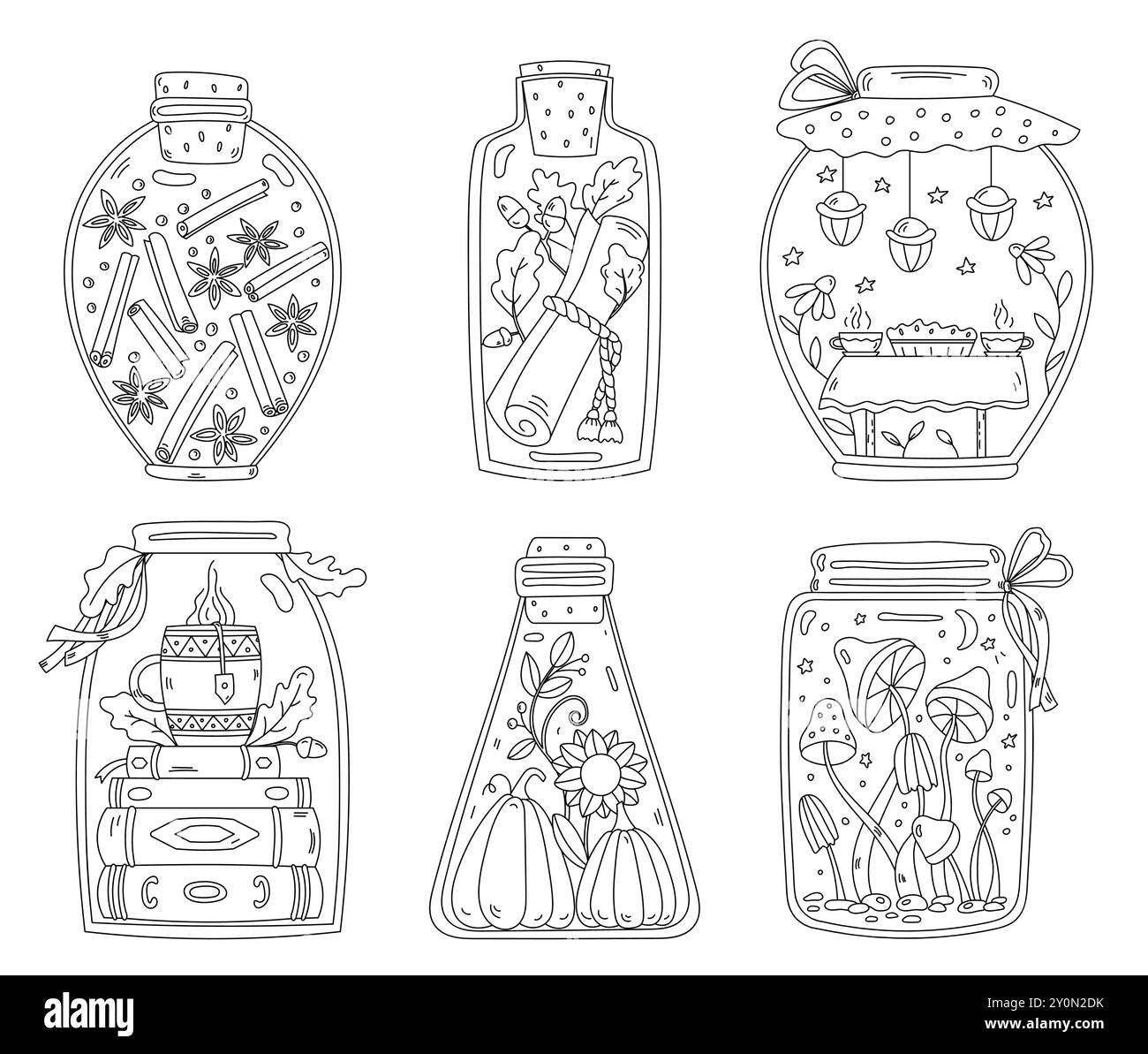 Ensemble de coloriage pour adultes et enfants comprend des boîtes remplies d'éléments d'automne : feuilles, champignons, livres, citrouilles Illustration de Vecteur