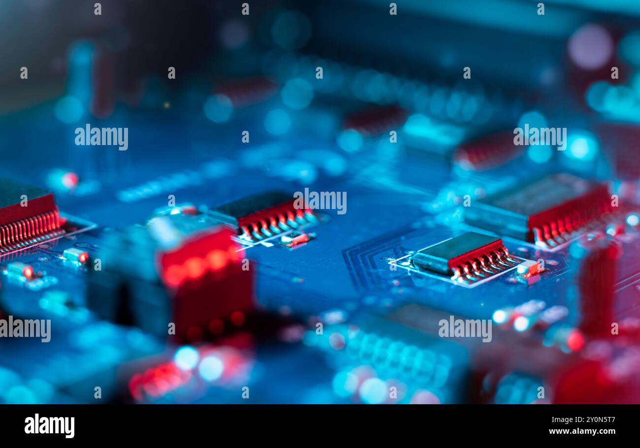 Vue rapprochée du PCB de la carte de circuit intégré électronique Banque D'Images