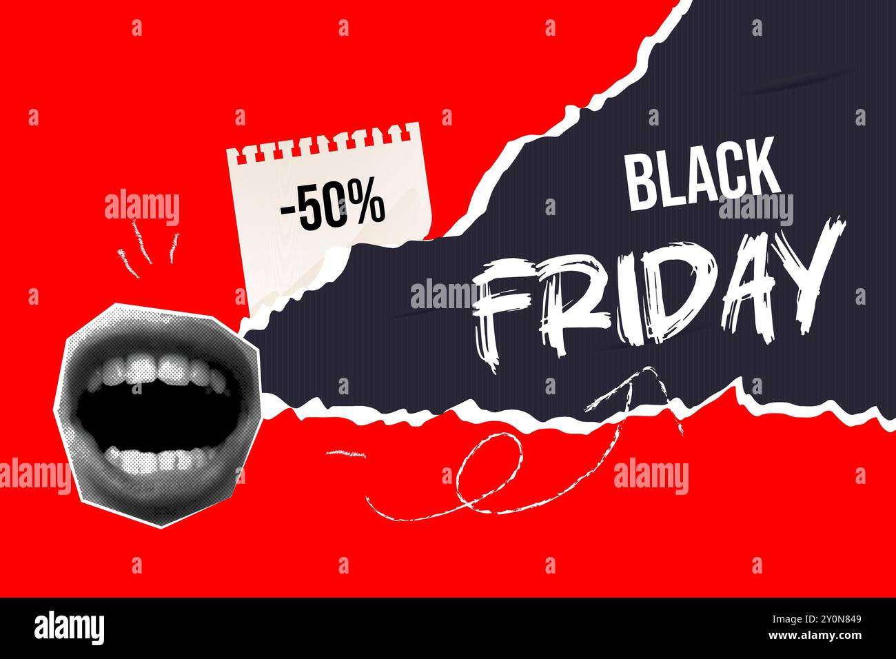 Collage Black Friday, bouche féminine, affiche et espace vide pour le texte sur un morceau de papier. vecteur Illustration de Vecteur