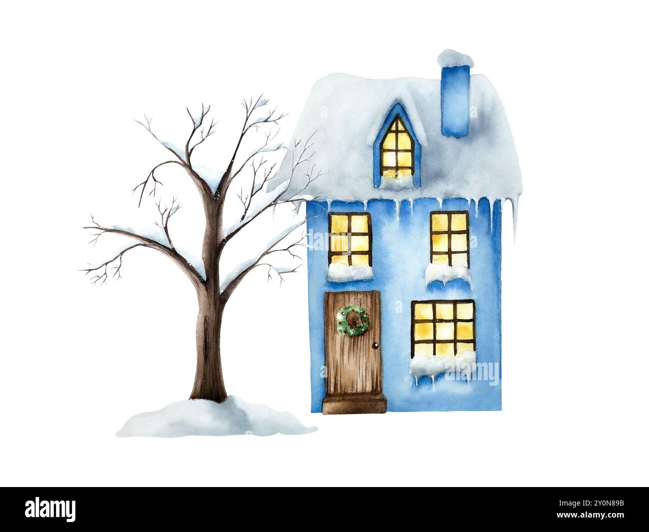 Maison enneigée hivernale. Arbre aquarelle de Noël sans feuilles, illustration peinte à la main isolé sur fond. Pour designers, décoration, boutique Banque D'Images