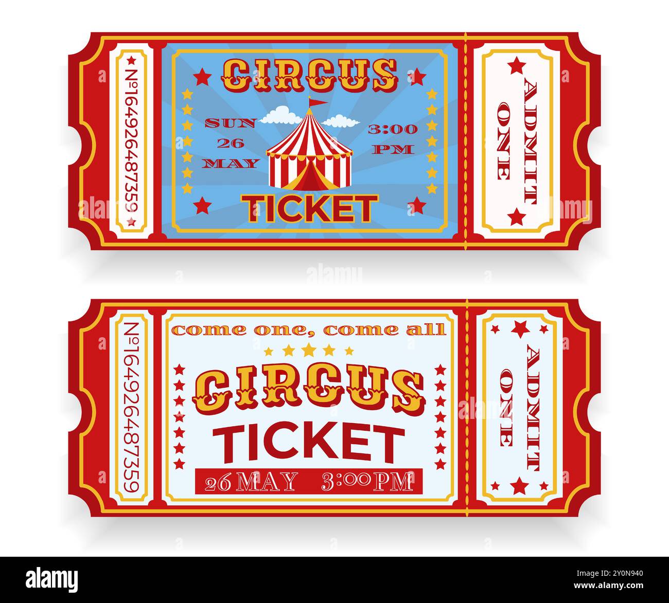 Deux vieux billets pour le cirque. Tente de cirque, étoiles et texte décoratif. Design rétro avec date, heure et numéro de billet dans un style classique. Pour une utilisation en voiture Illustration de Vecteur