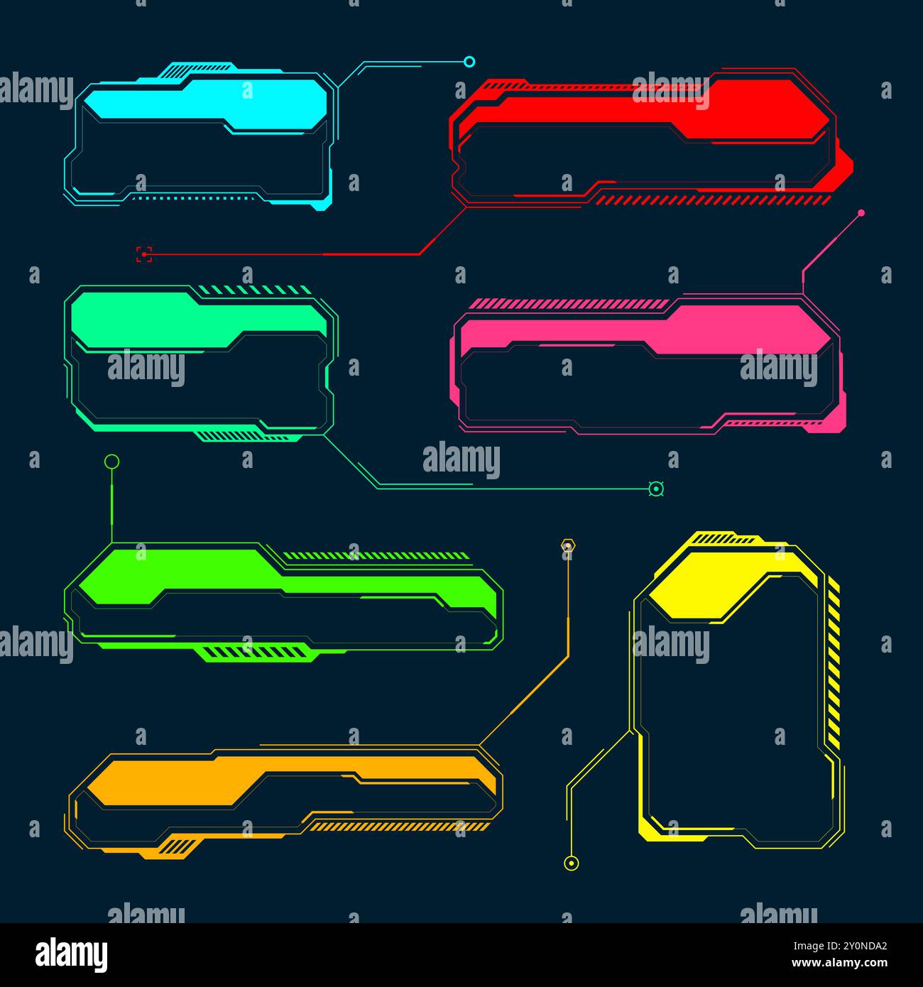 Éléments HUD ou UI futuristes. Zones de texte et légendes de l'interface utilisateur SCI-fi. Cadre de message d'avertissement coloré, modèle de boîtes d'information. Jeu moderne Illustration de Vecteur